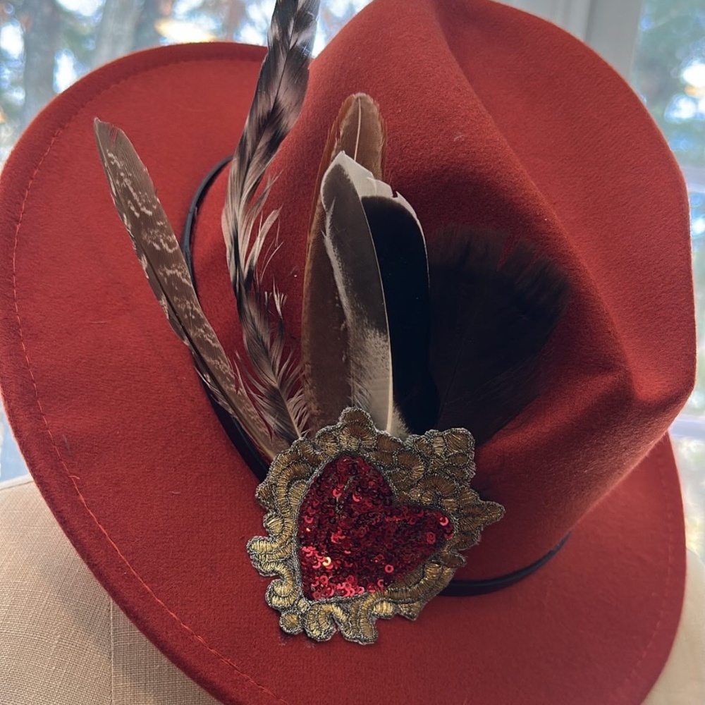 HAT Deep red felt + feather plume + sequin sacred heart